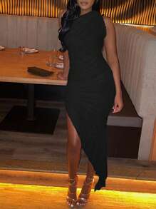 Vestido ajustado bajo asimétrico fruncido - Negro - Ver 1