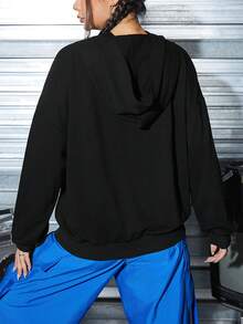 SHEIN Coolane Capucha unicolor desgarro de hombros caídos - Negro - Ver 2