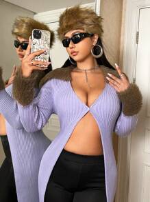 SHEIN ICON Plus Fuzzy Cuff Ribbed Knit Cardigan - Mauve Purple - View 3