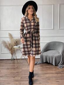 SHEIN Clasi 格紋印花前拉鏈繫腰帶洋裝 - 彩色 - 查看 4