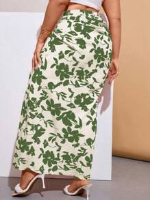 SHEIN Holidaya Hơn In hoa Xù Tách đùi Váy - xanh quân đội - Xem 2