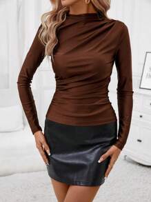 SHEIN Clasi Camiseta de cuello alto fruncido - Marrón Chocolate - Ver 7