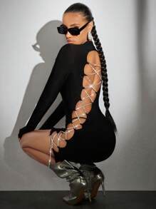 SHEIN BAE Lace Up Side Bodycon Dress - Black - View 3