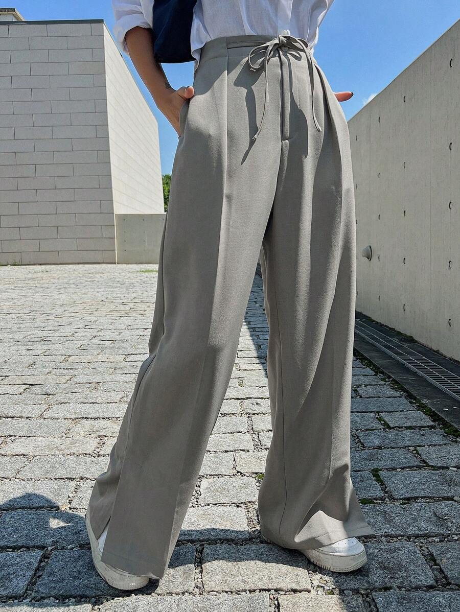 DAZY Solid Slant Pocket Wide Leg Pants - Grey - View 1
