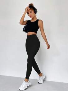 SHEIN Unity 素色高腰緊身打底褲 - 黑色 - 查看 6