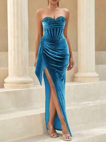 Tách đùi Nhung Ống Ăn mặc trang trọng - Màu xanh lam - Xem 5