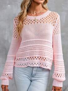 CILKOO Solid Open Knit Sweater - Pink - View 1