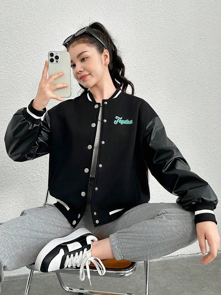 Teen Girl Letter Graphic Striped Trim Drop Shoulder Varsity Jacket