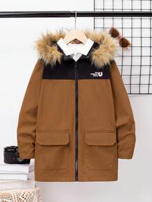 SHEIN Tween Boy 1pc Letter Graphic Fuzzy Trim Hooded Thermal Lined Coat - Brown - View 3