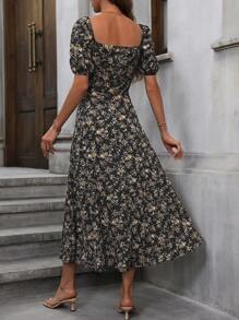 Breezaya 小碎花印花方领泡泡袖开叉大腿连衣裙长款度假海滩装女式 - 黑色 - 查看 2