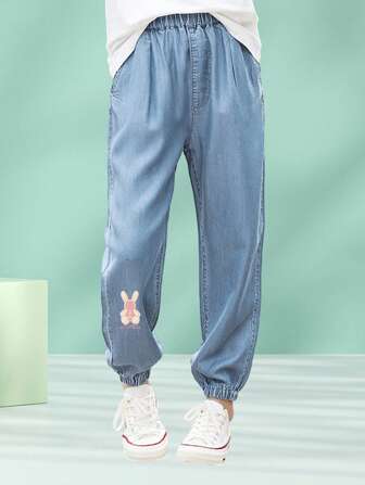 Teen Girl Rabbit Embroidery Elastic Waist Jogger Jeans