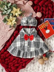 Baby Girl Plaid Print Bow Front Ruffle Hem Cape & Hat