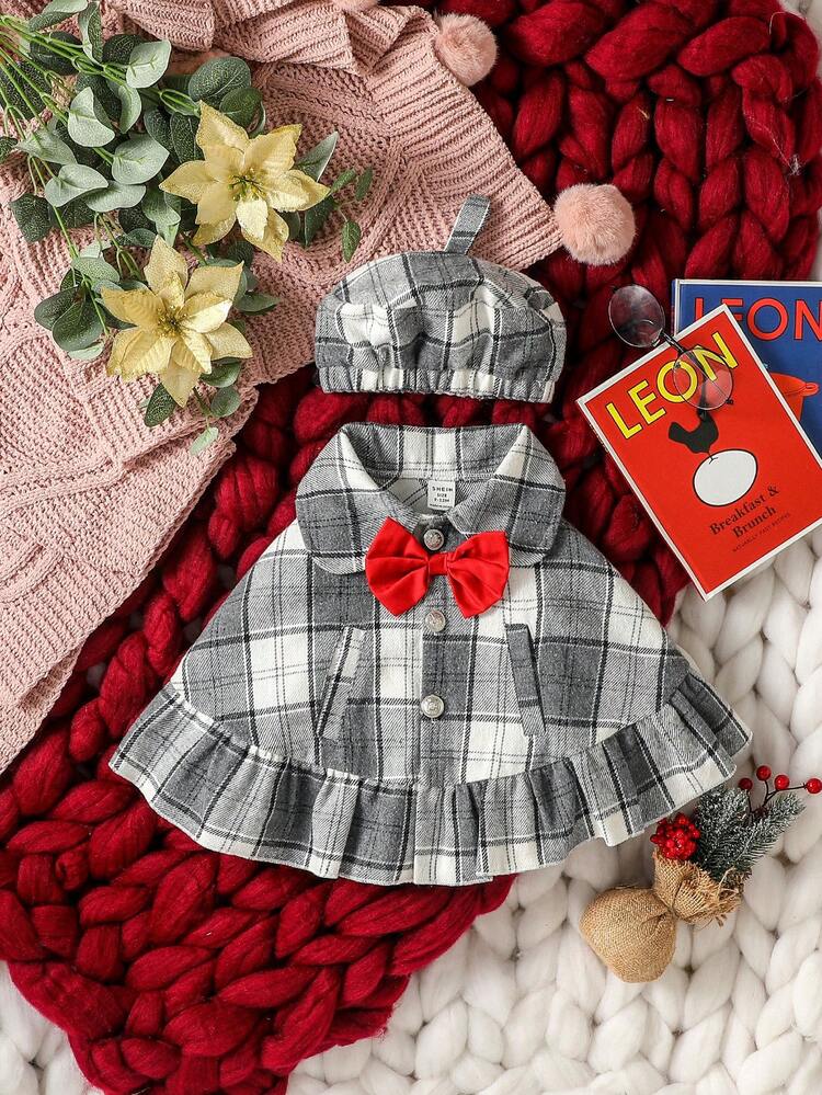 Plaid Ruffle Bow Collar Open Front Cape Coat + Pumpkin Hat, Fashionable Elegant Outerwear For Baby Girls, Autumn/Winter