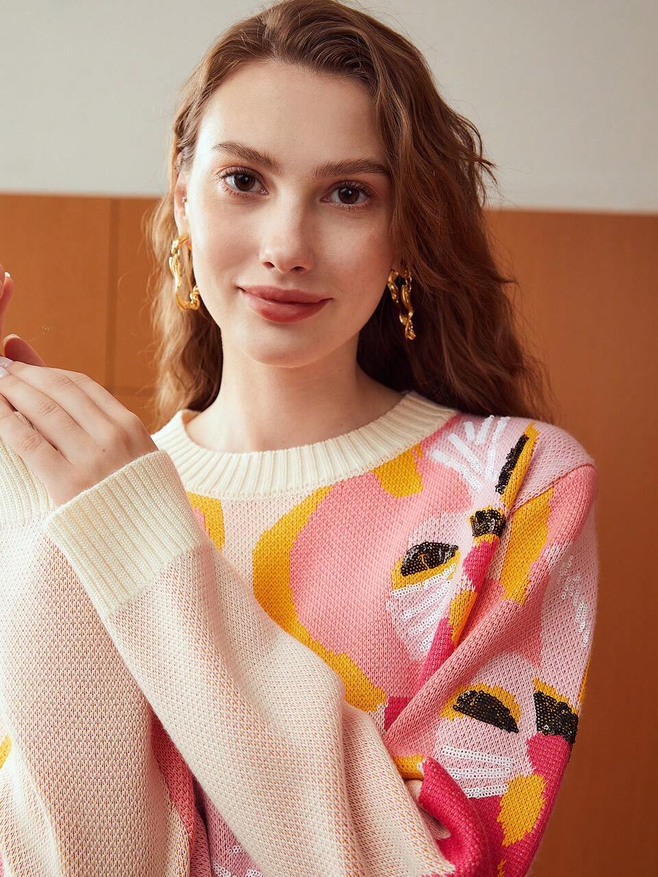 MOTF WOOL-BLEND FLOWER KNIT SWEATER