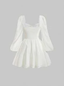 SHEIN MOD Sweetheart Neck Lantern Sleeve Ruched Bustier Button Front Milkmaid Dress - Beige - View 2