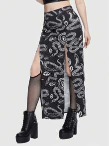 ROMWE Goth Snake Print Split Thigh Skirt - Black - View 5