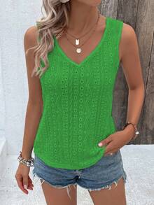 SHEIN VCAY Eyelet Embroidery Twist Back Tank Top - Green - View 4