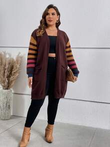 SHEIN LUNE Áo khoác cardigan họa tiết sọc cỡ lớn thả vai - Màu nâu Sô-cô-la - Xem 5