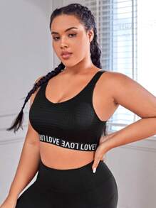 Easithlete Plus Letter Tape Panel Sports Bra - Black - View 3