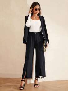 SHEIN Clasi Lapel Neck Lace Trim Split Sleeve Open Front Coat - Black - View 4