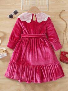SHEIN 女小童拼接領荷葉邊腰帶絲絨洋裝 - 粉色 - 查看 2