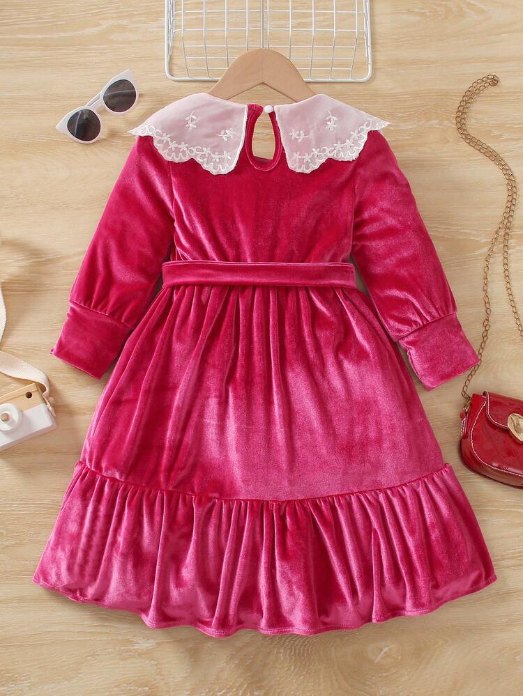 Young Girl Contrast Collar Ruffle Hem Belted Velvet Dress