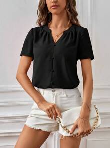 SHEIN Clasi Chất rắn Nút phía trước Cổ có Lỗ hổng Áo sơ mi - màu đen - Xem 6