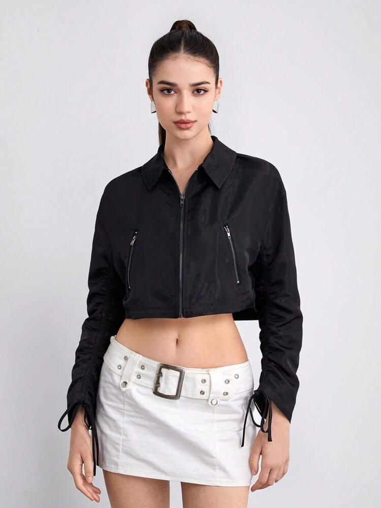Drawstring Sleeve Zip Up Crop Blouse