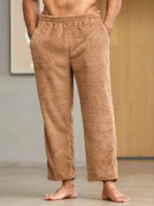 Men Solid Slant Pocket Teddy Lounge Pants - Brown - View 1