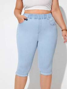 SHEIN Essnce 大碼斜口袋卷邊緊身牛仔褲 - 淺色水洗藍 - 查看 1