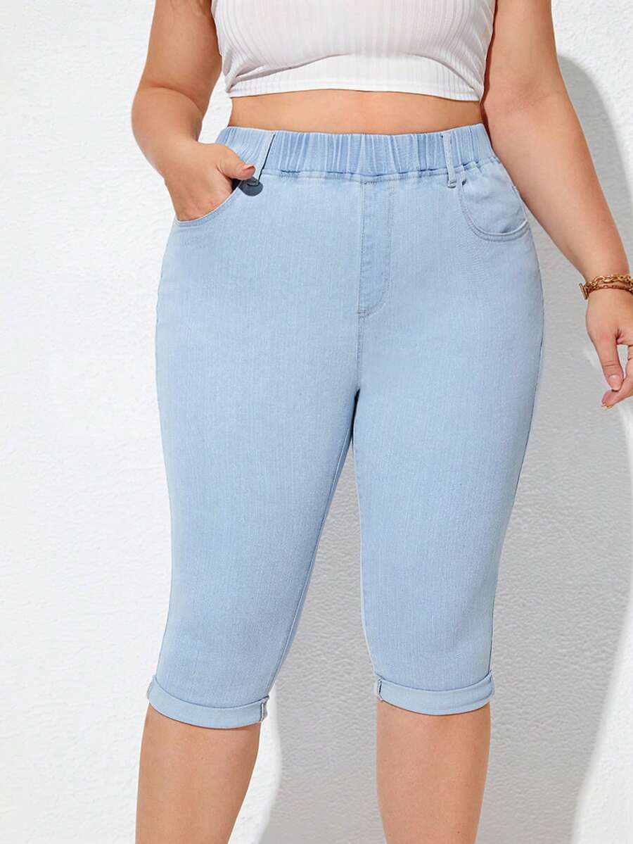 SHEIN Essnce 大碼斜口袋卷邊緊身牛仔褲 - 淺色水洗藍 - 查看 1