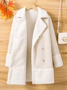 SHEIN 青少年女孩雙排釦毛絨內襯外套