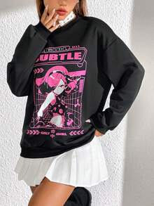 SHEIN Unity Figure & Letter Graphic Drop Shoulder Sweatshirt - Black - View 3