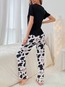 Conjunto de pijama con estampado de vaca y letra - Multicolor - Ver 2