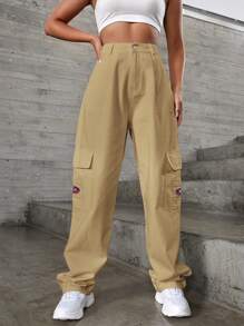 RueChic Letter Patched Flap Pocket Cargo Jeans - Brown - View 5