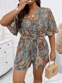 SHEIN Unity Plus Paisley Print Butterfly Sleeve Belted Romper