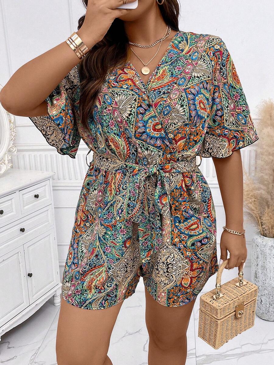 SHEIN Unity Plus Paisley Print Butterfly Sleeve Belted Romper
