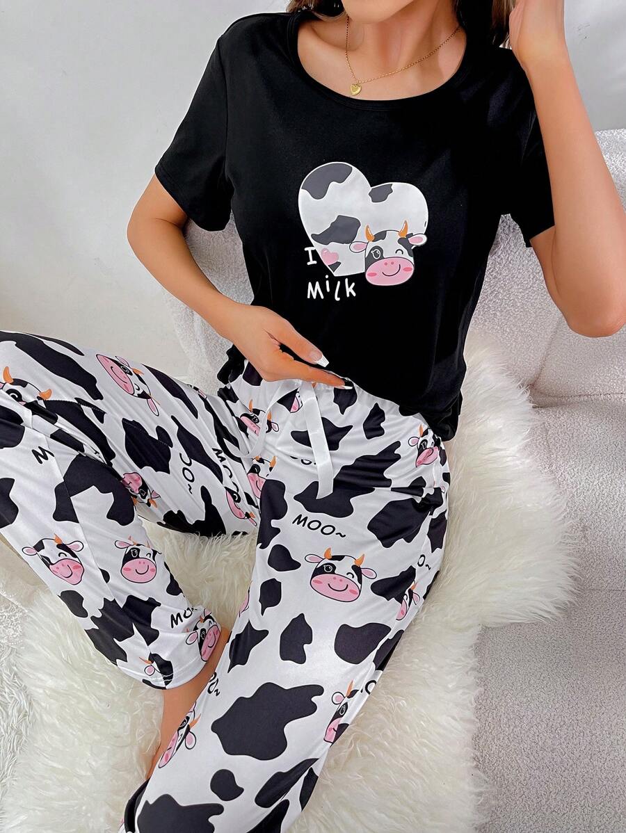 Conjunto de pijama con estampado de vaca y letra - Multicolor - Ver 1