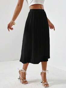 SHEIN Privé Falda unicolor bajo fruncido - Negro - Ver 4