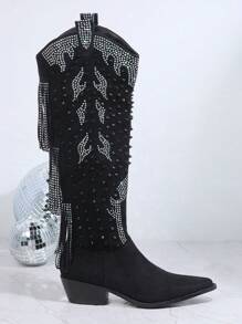 SHUZIA 仿麂皮流蘇細節及膝靴 - 黑色 - 查看 5