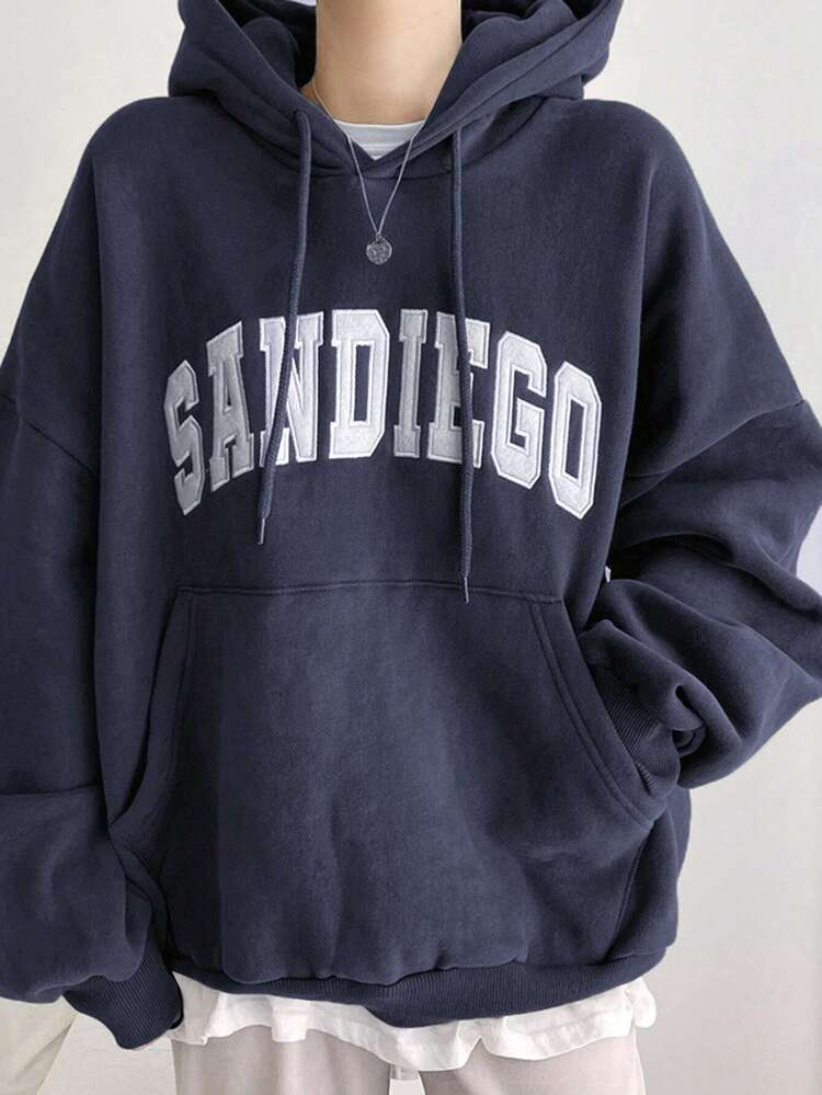 Letter Graphic Big Pocket Drop Shoulder Drawstring Hoodie,Long Sleeve Tops,Fall Women Clothes Sweatshirt