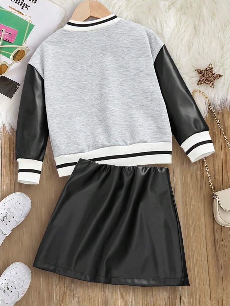 Young Girl Letter Patched Varsity Jacket & PU Skirt Set