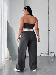 SHEIN EZwear Hơn Nút phía trước Áo khoác vest & Quần ống rộng - Xám - Xem 2