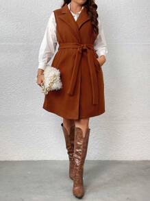 Celure Plus Peak Lapel Belted Vest Overcoat - Coffee Brown - View 3