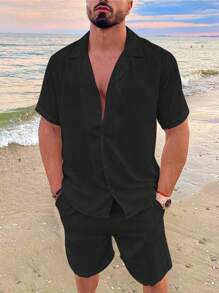 Men Solid Shirt & Shorts - Black - View 1