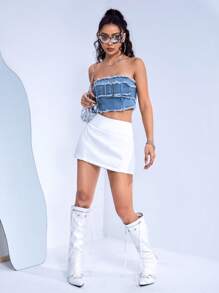 SHEIN ICON Xén Thô Chi tiết nút buộc Denim Ống ngọn - Rửa nhẹ - Xem 4