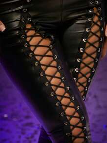 SHEIN SXY 萬聖節前開口 Pu 皮革襯裡褲,新年除夕裝、派對裝、性感裝、萬聖節服裝 - 黑色 - 查看 3