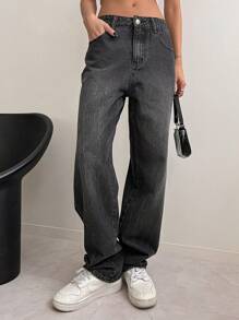 DAZY 斜口袋直腳牛仔褲 - 黑色 - 查看 1