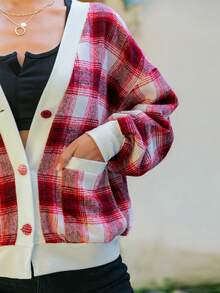 Simplee Abrigo con estampado de cuadros ribete en contraste de hombros caídos - Multicolor - Ver 5