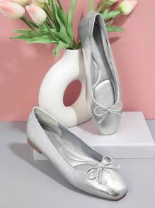 SHUZIA Metallic Bow Detail Square Toe Ballet Flats Summer Shoes Spring Shoes Spring Break Easter - Silver - View 2